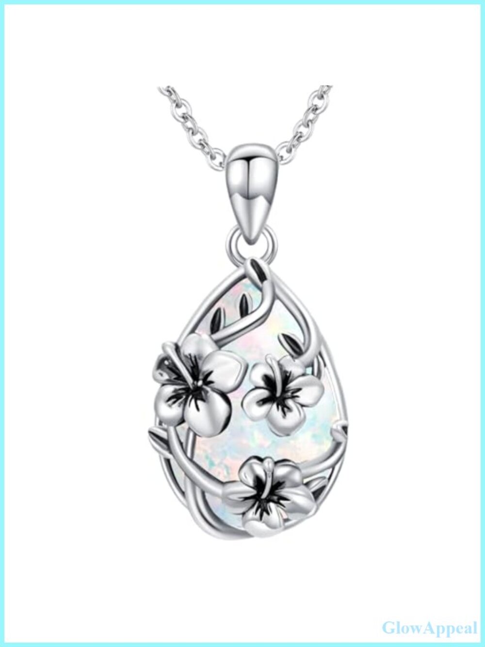 925 Sterling Silver Opal Teardrop Pendant Necklace Hibiscus Gift for Women